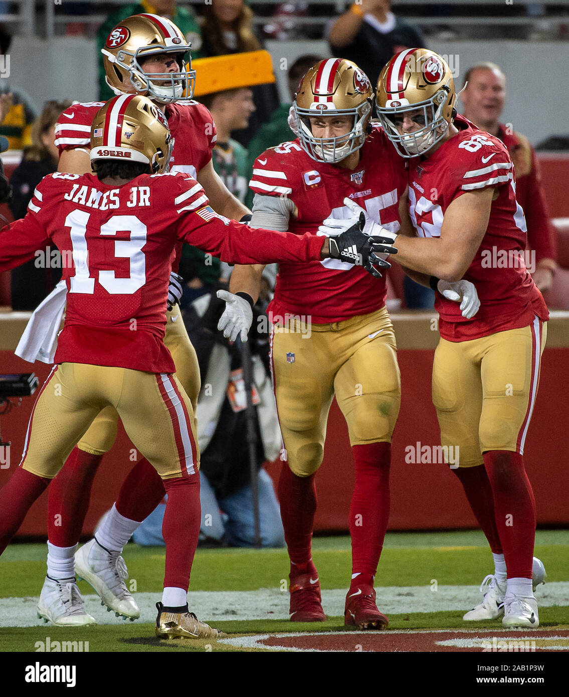 Santa Clara, CA, USA. 24th Nov, 2019. San Francisco 49ers' George Kittle  (85) celebrates a touche down with teammates San Francisco 49ers' Ross  Dwelley (82) San Francisco 49ers' Richie James Jr. (13)