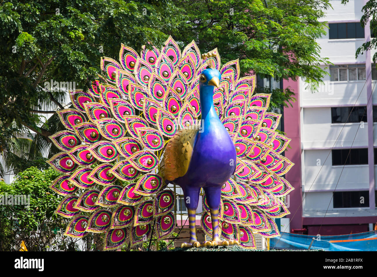 Peacock decoration display for Vesak Day festival at Little India, Singapore Stock Photo