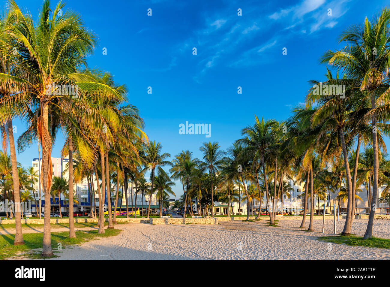 Hotels and restaurants at sunrise on Ocean Drive, Miami Beach, Florida Stock Photo