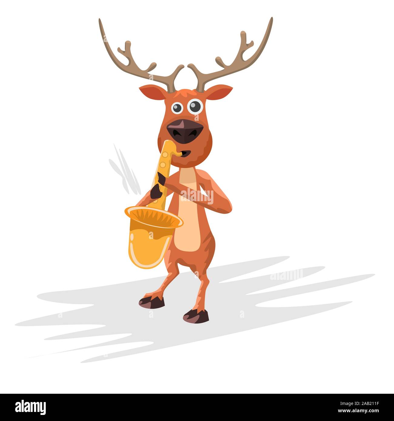 Christmas reindeer playing Saxophone. Hand drawn cartoon style deer and musical instrument for your design. Vector illustration. Stock Vector
