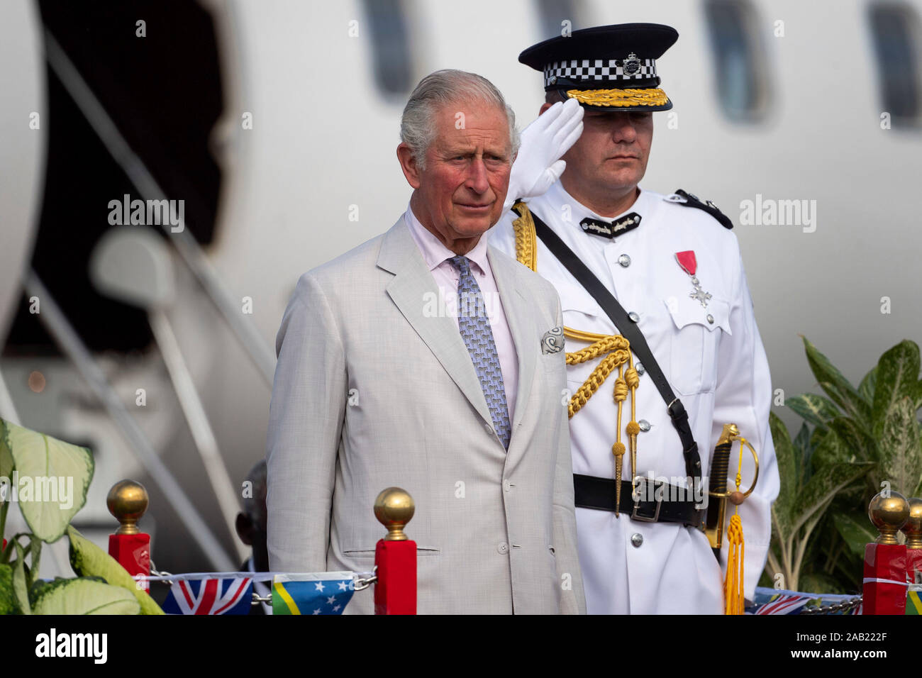 The Prince of Wales inspects the guard at Honiara International Airport in Honiara, as he prepares to depart following a three day royal visit to the Solomon Islands. PA Photo. Picture date: Monday November 25, 2019. See PA story ROYAL Charles. Photo credit should read: Victoria Jones/PA Wire Stock Photo