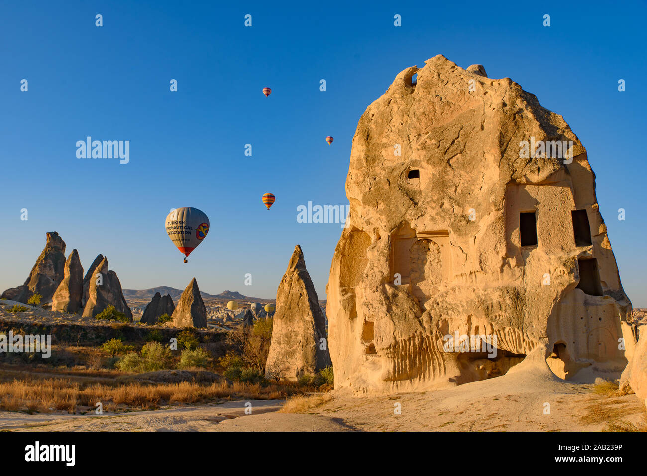 Flying hot air balloons and rock landscape at sunrise time in Goreme, Cappadocia, Turkey Stock Photo