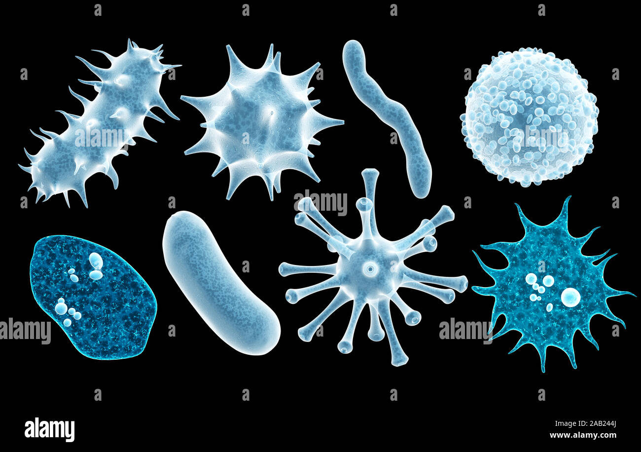 Set of virus, germ and bacteria. Collection of different cell illness and microorganism. Isolated on black background. 3d render Stock Photo