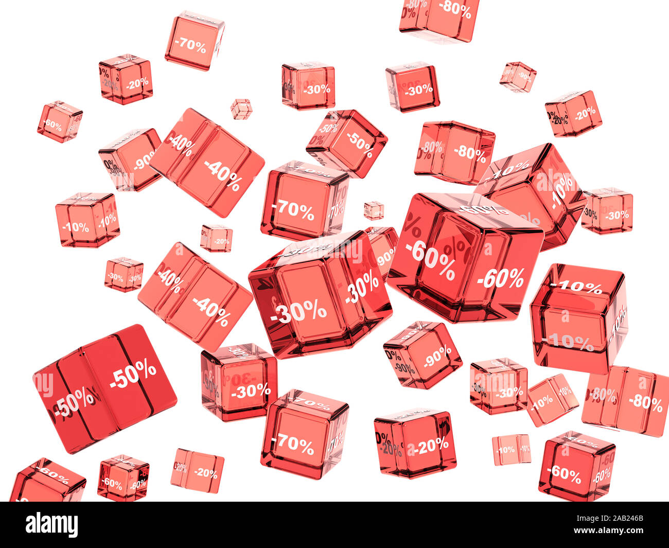 Red glass discount cubes with percents. Sale promotional concept