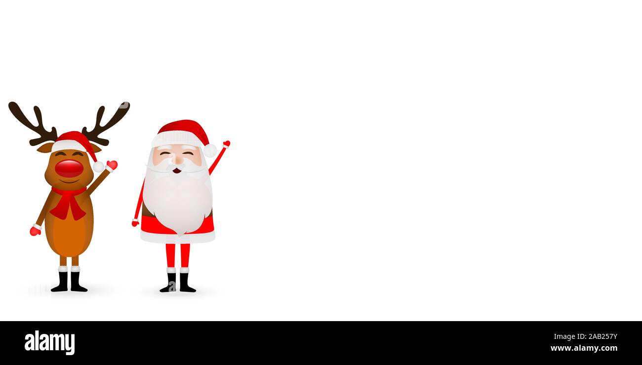 Cartoon funny santa claus and reindeer waving hands isolated on white ...