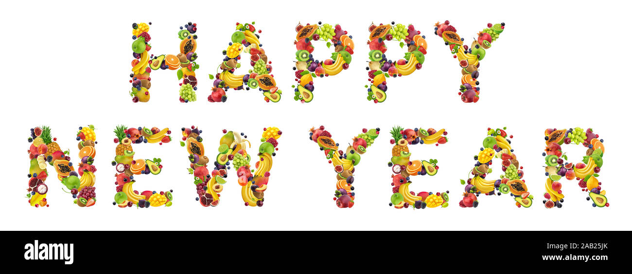 Happy new year written with fresh food ingredients Stock Photo