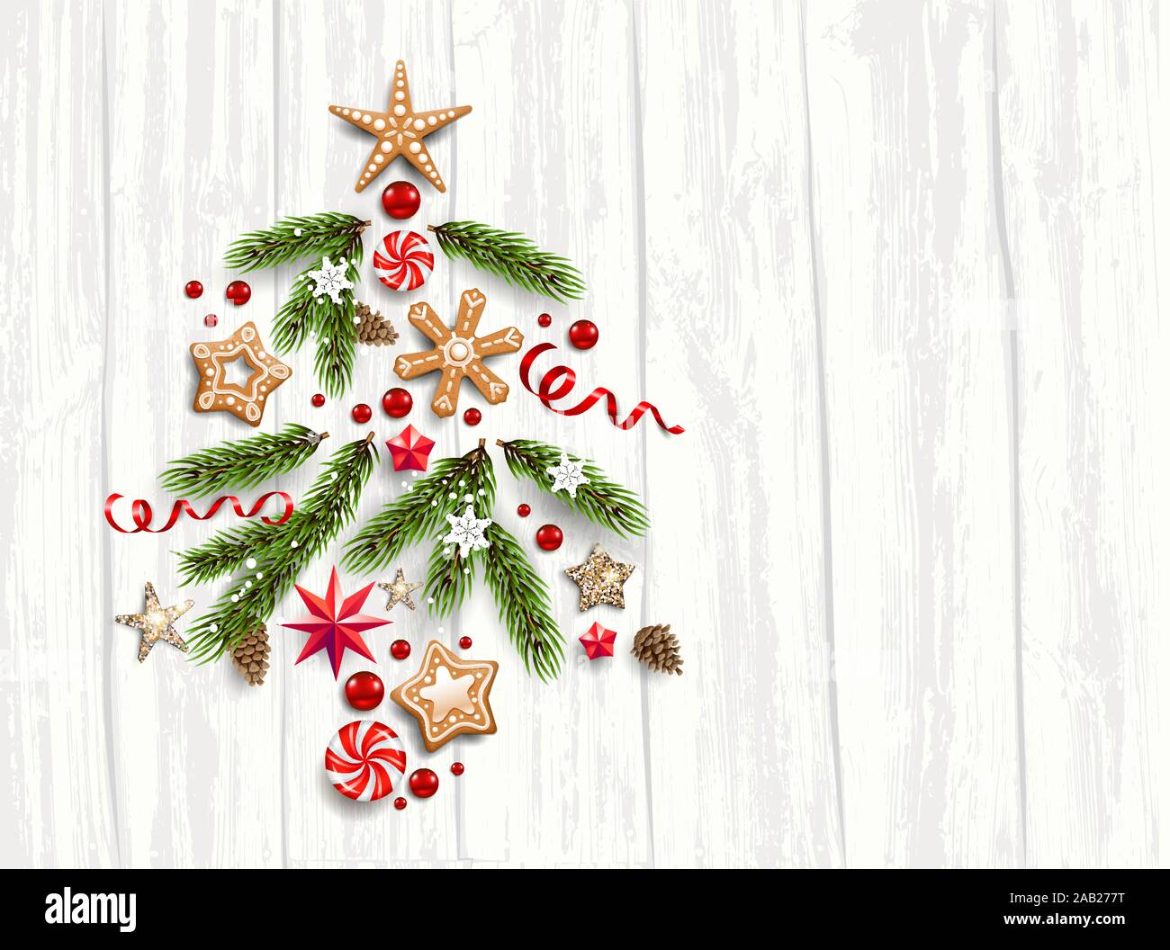 Branches, gingerbreads and stars flat lay on white Stock Vector