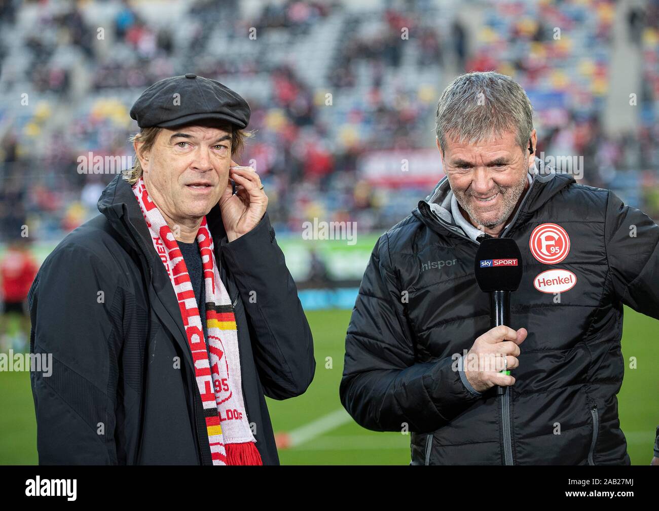 CAMPINO l. (Saenger der Toten Hosen) with Fanschal by D and coach Friedhelm  FUNKEL (D) during the interview Soccer 1. Bundesliga, 12.matchday, Fortuna  Dusseldorf (D) - FC Bayern Munich (M), on Nov