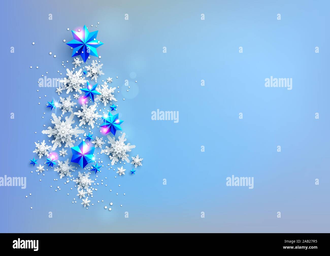 Tree realistic paper cut snowflakes and stars Stock Vector