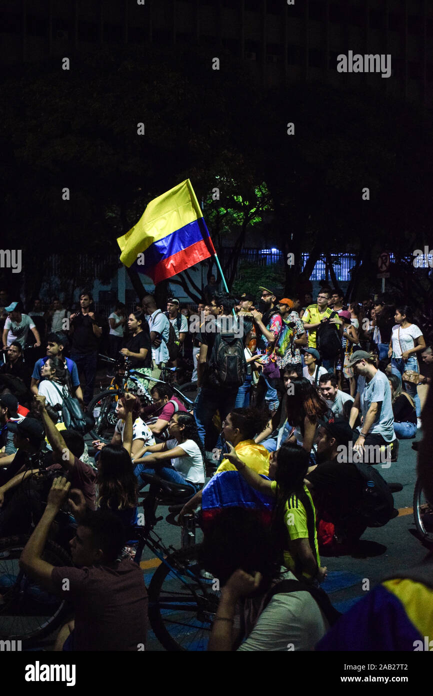 Peaceful protests continue three days after the nationwide strike in Cali, Colombia, Sunday, Nov. 24, 2019. Stock Photo