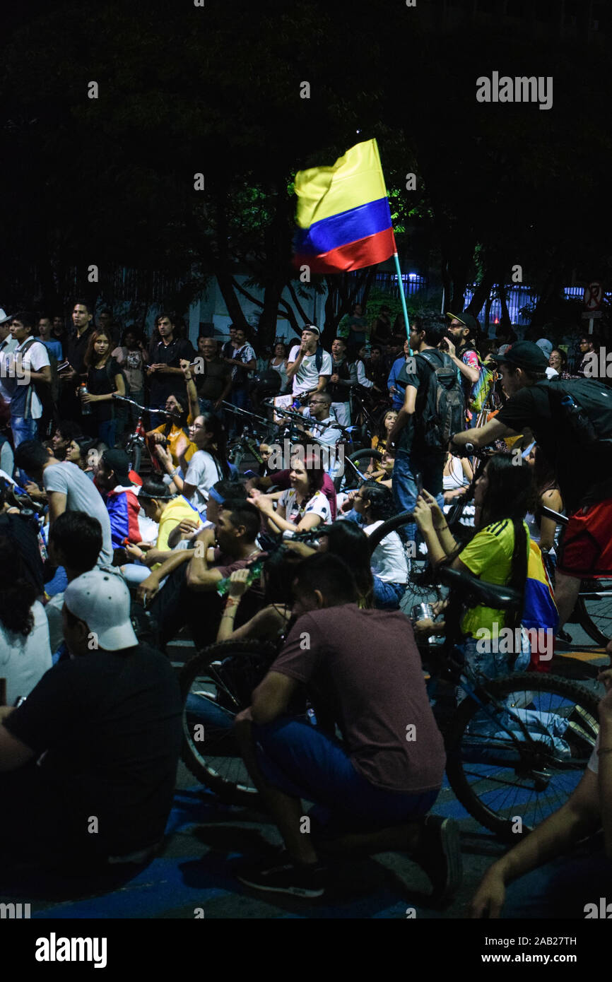 Peaceful protests continue three days after the nationwide strike in Cali, Colombia, Sunday, Nov. 24, 2019. Stock Photo