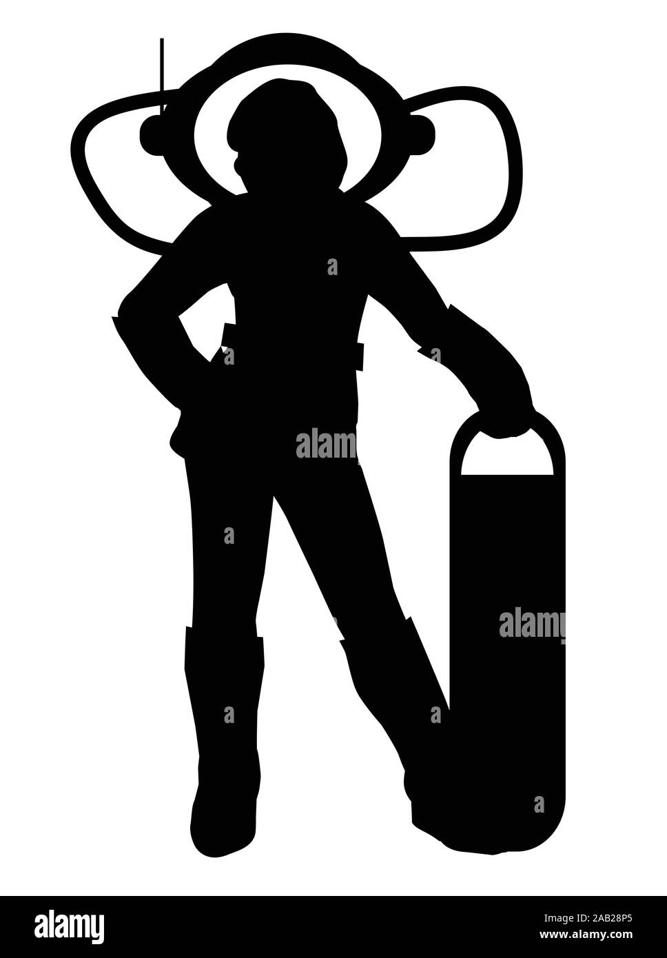 Isolated silhouette of a female astronaute in a space suit with equipment Stock Vector