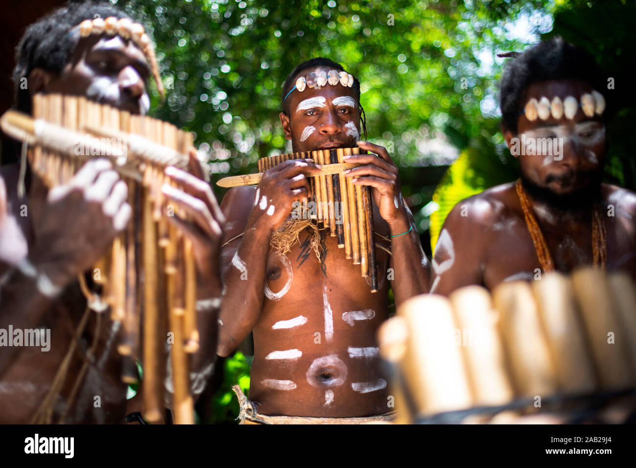 A panpipe band plays as the Prince of Wales arrives at a State Reception and lunch at the Mendana Hotel in Honiara, during day three of the royal visit to the Solomon Islands. PA Photo. Picture date: Monday November 25, 2019. See PA story ROYAL Charles. Photo credit should read: Victoria Jones/PA Wire Stock Photo