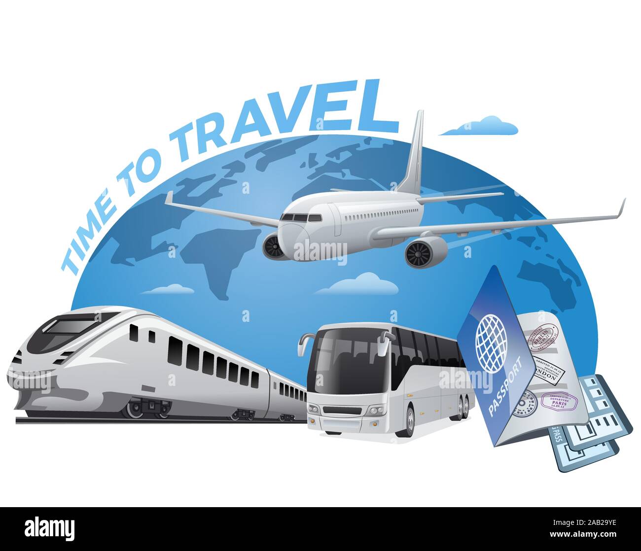 concept illustration of travel around the world by airplane, bus and ...