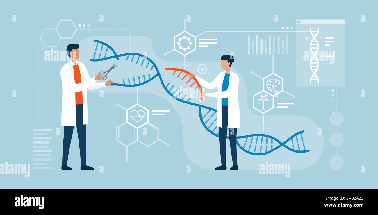 Scientists analyzing DNA helix and editing genome within organisms, CRISPR technology Stock Vector