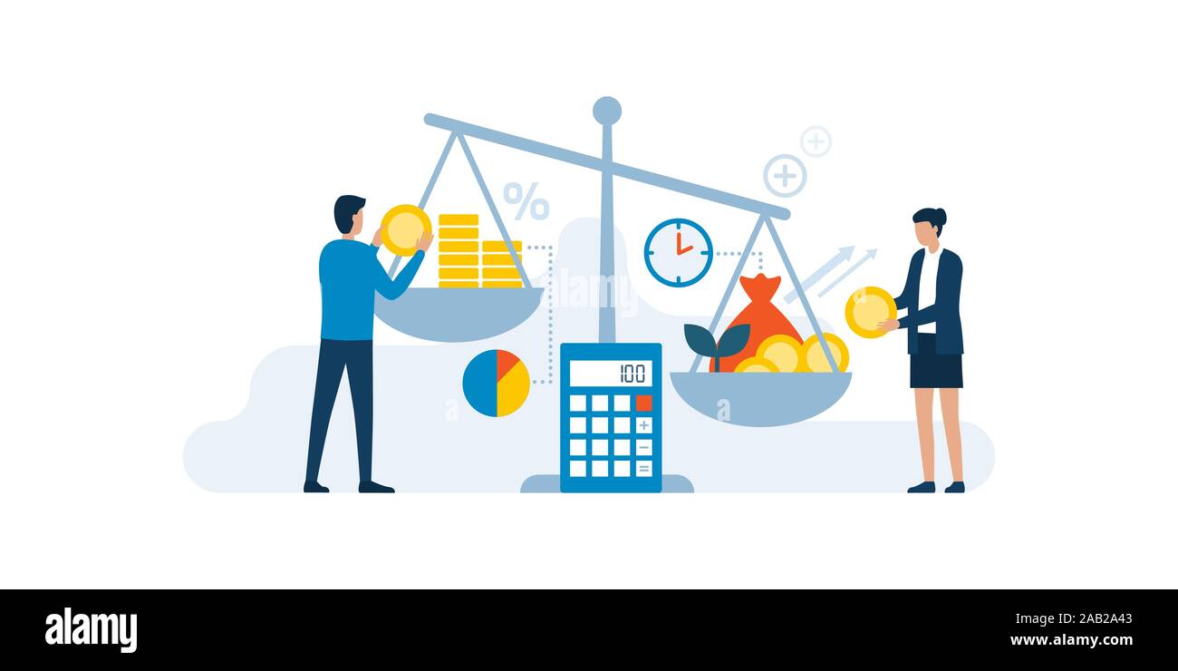 Business people comparing investments and returns on a weight scale, finance and profit concept Stock Vector