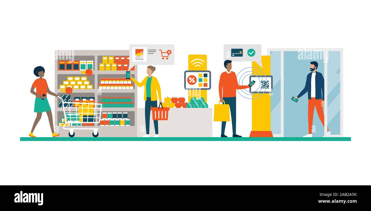 People doing grocery shopping at the supermarket and buying products, they are checking offers using augmented reality apps on their phones and paying Stock Vector