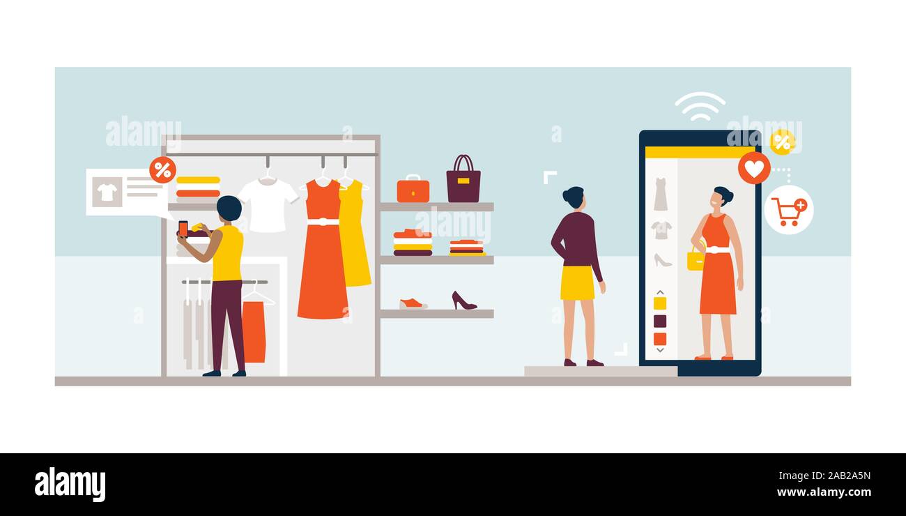 Women shopping for clothes and using new innovative technologies: augmented reality app on a smartphone and virtual fitting room on a touch screen dig Stock Vector