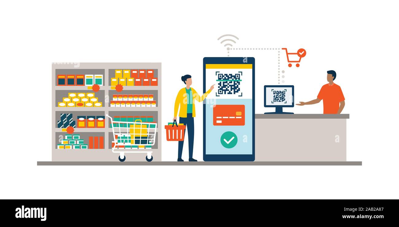 Woman doing grocery shopping and using her smartphone for mobile payment at the checkout Stock Vector