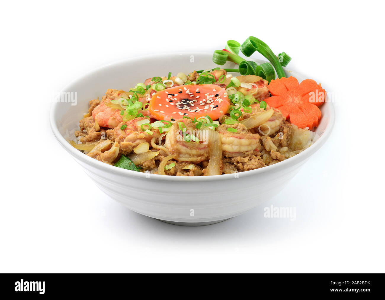 Shrimp Don Japanese Rice Bowl Donburi Style decorate with carved