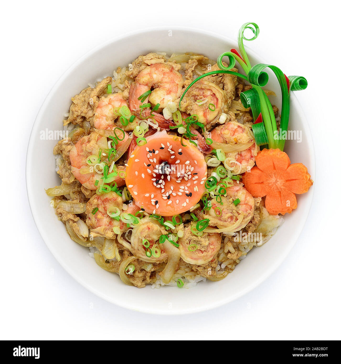 Shrimp Don Japanese Rice Bowl Donburi Style decorate with carved