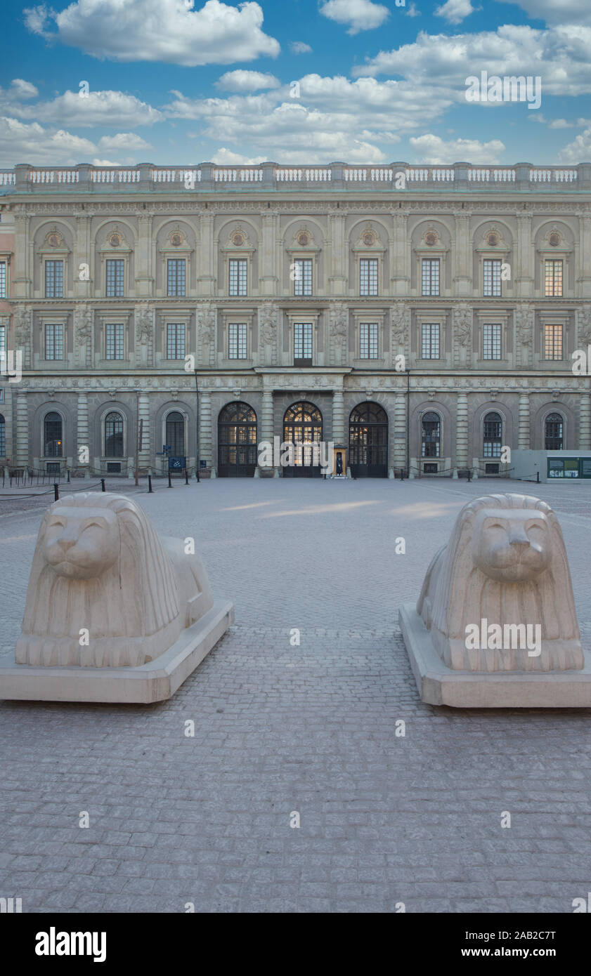 Stone lions as a protective security barrier, Royal Palace (Kungliga Slottet), Gamla Stan, Stockholm, Sweden Stock Photo