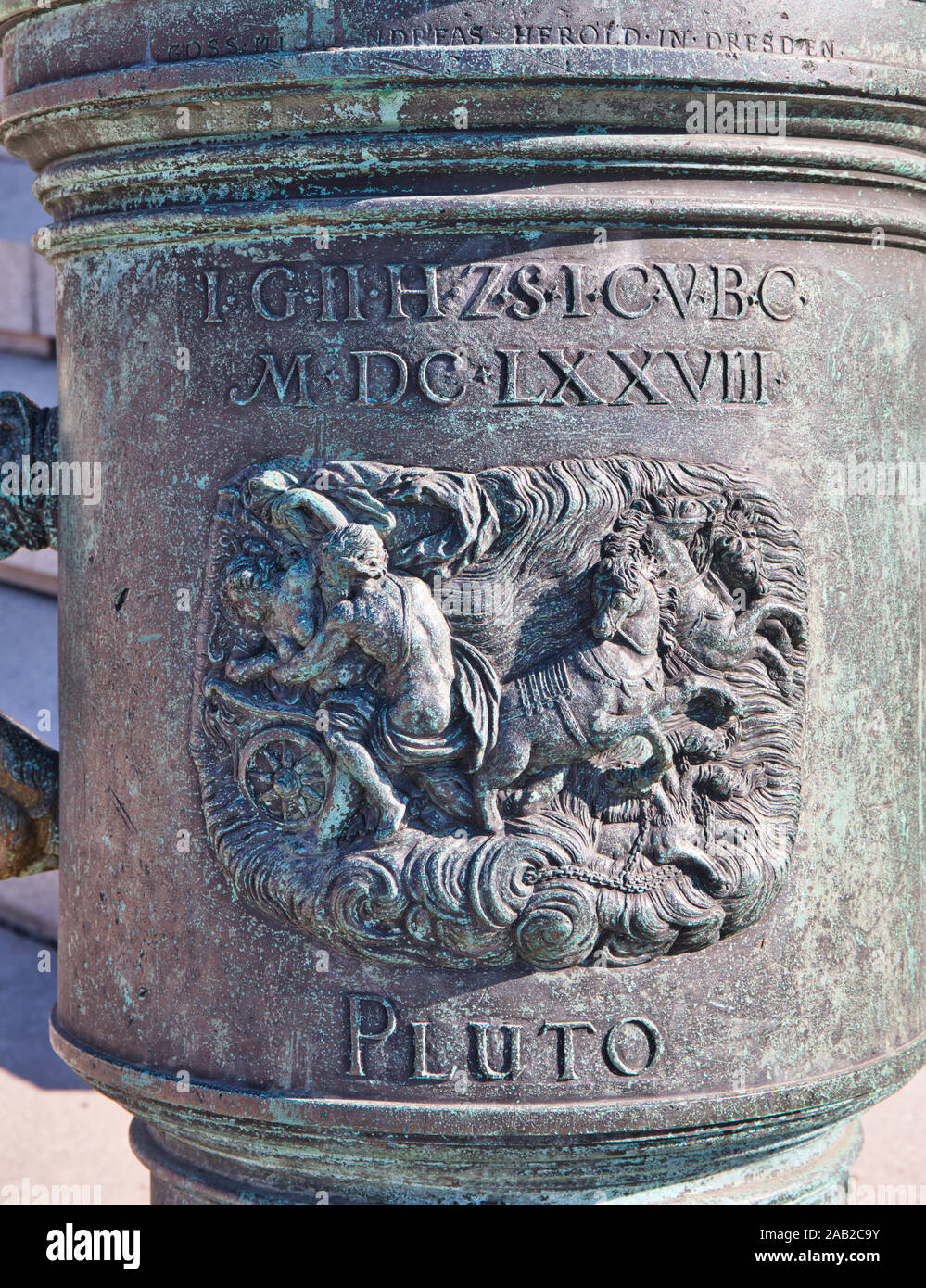 Bronze mortars around the plinth of the bronze statue of King Karl XII by Johan Peter Molin, Kungstradgarden, Stockholm, Sweden Stock Photo