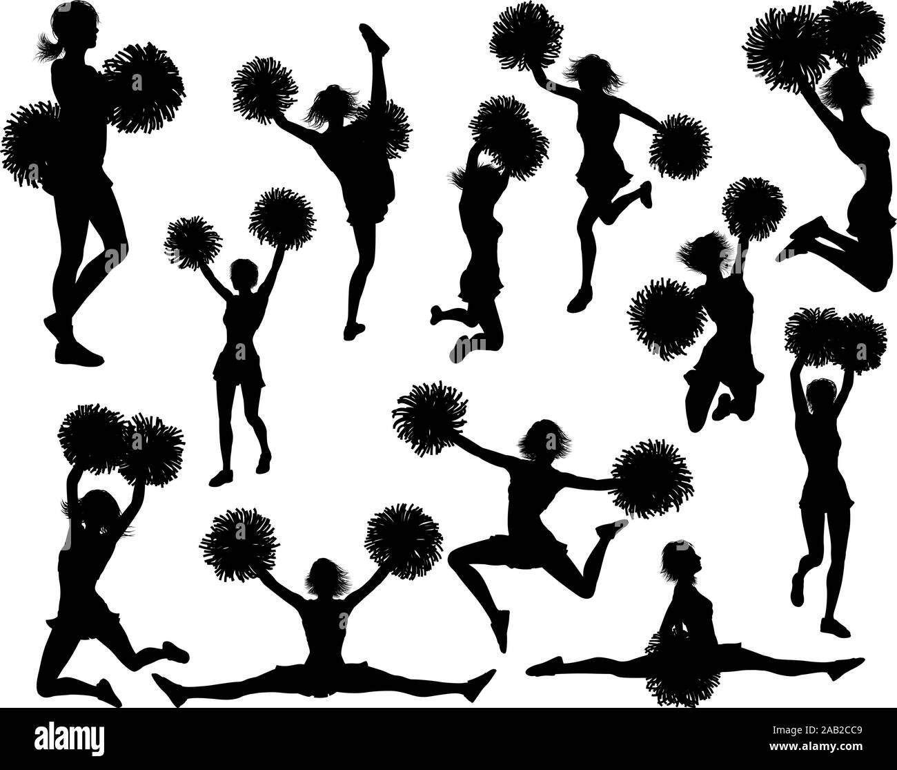 Cheerleaders with Pom Poms Silhouettes Stock Vector
