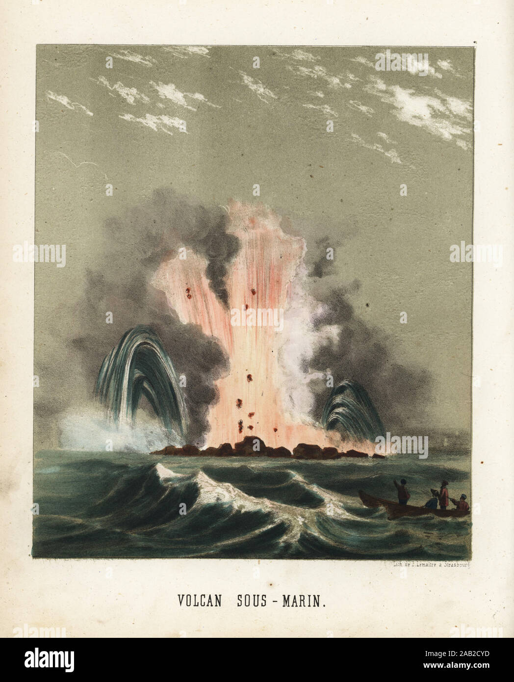 Submarine volcanic eruption. Tourists in rowboats watching an explosive eruption. Volcan sous-marin. Handcolored lithograph by Emile Lemaitre from Munerelle’s Les Phenomenes et Curiosites de la Nature (Natural Phenomena and Curiosities), Libraire Derivaux, Strasbourg, 1856. Stock Photo