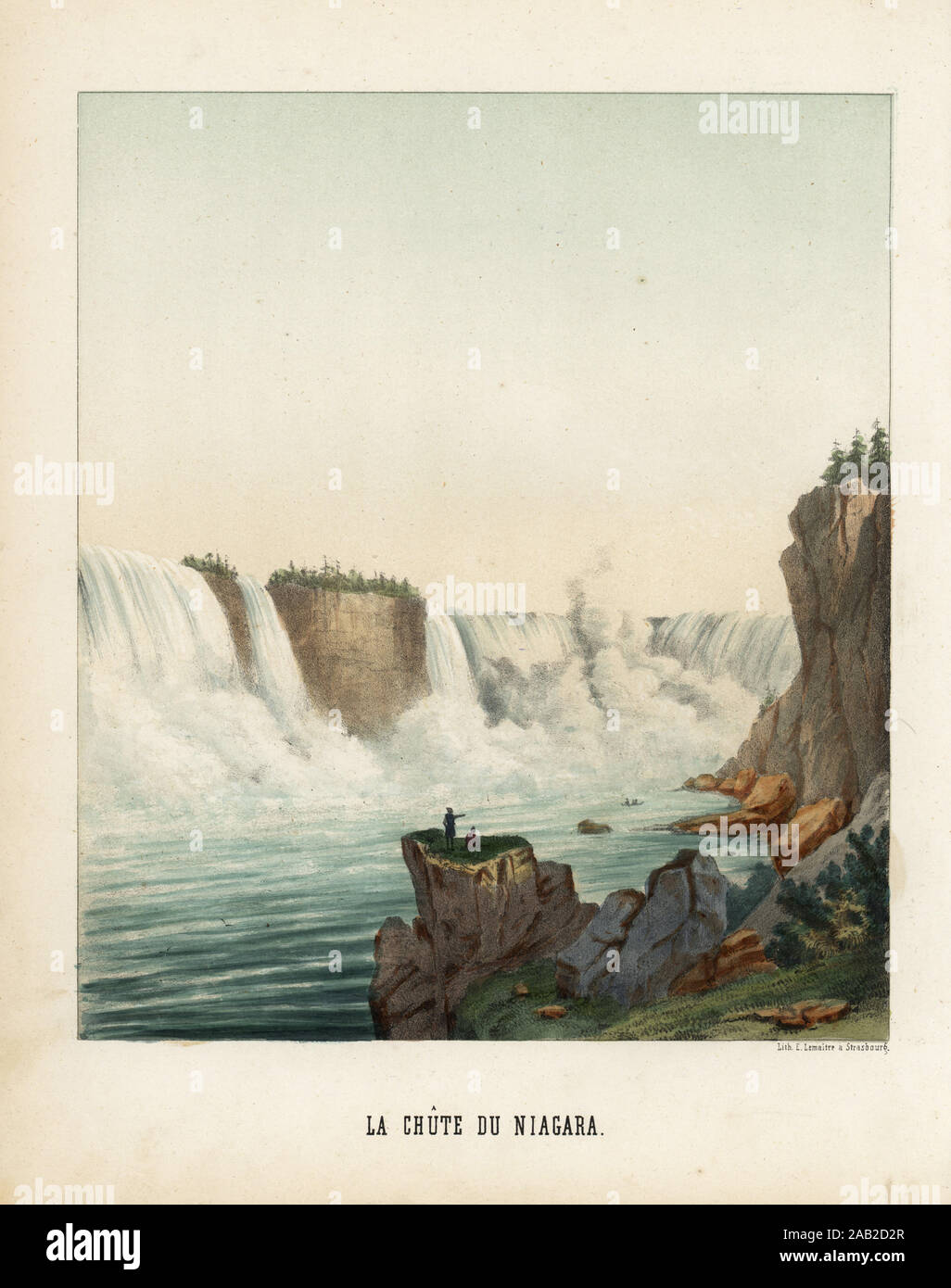 View of the famous waterfall at Niagara Falls, 19th century. La chute du Niagara. Handcolored lithograph by Emile Lemaitre from Munerelle’s Les Phenomenes et Curiosites de la Nature (Natural Phenomena and Curiosities), Libraire Derivaux, Strasbourg, 1856. Stock Photo