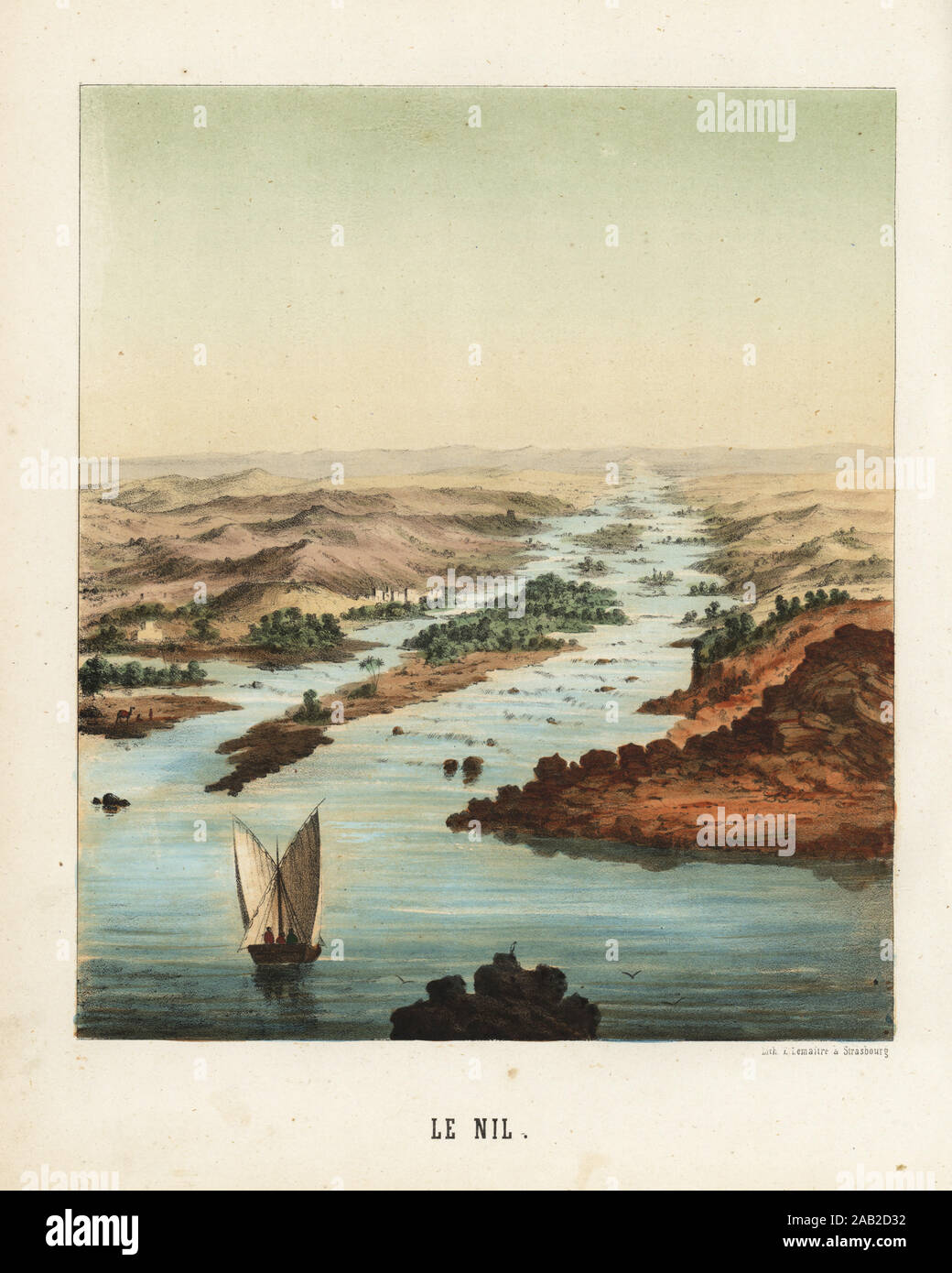 View of the Nile River, Egypt, 19th century. A dhow sailing vessel in the foreground. Le Nil. Handcolored lithograph by Emile Lemaitre from Munerelle’s Les Phenomenes et Curiosites de la Nature (Natural Phenomena and Curiosities), Libraire Derivaux, Strasbourg, 1856. Stock Photo