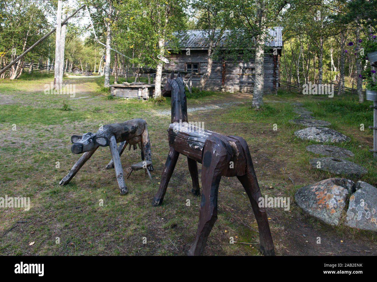 LJUNGDALEN, SWEDEN ON AUGUST 25, 2019. View of some homemade animal on a homestead. Timber building. Editorial use. Stock Photo