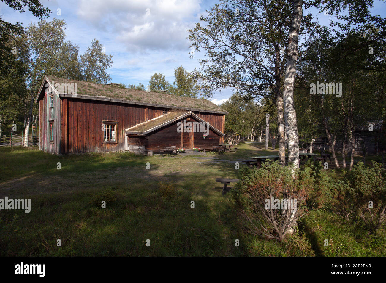 LJUNGDALEN, SWEDEN ON AUGUST 25, 2019. View of a homestead, folk museum. Timber building. Editorial use. Stock Photo