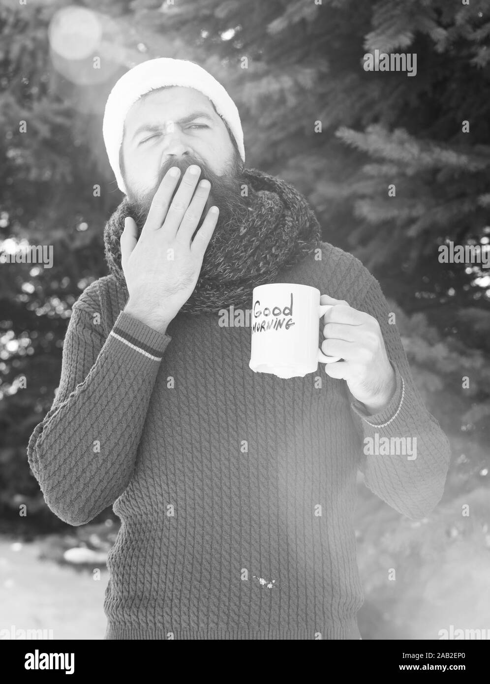 Yawning Handsome Man In Santa Claus Hat Bearded Hipster With