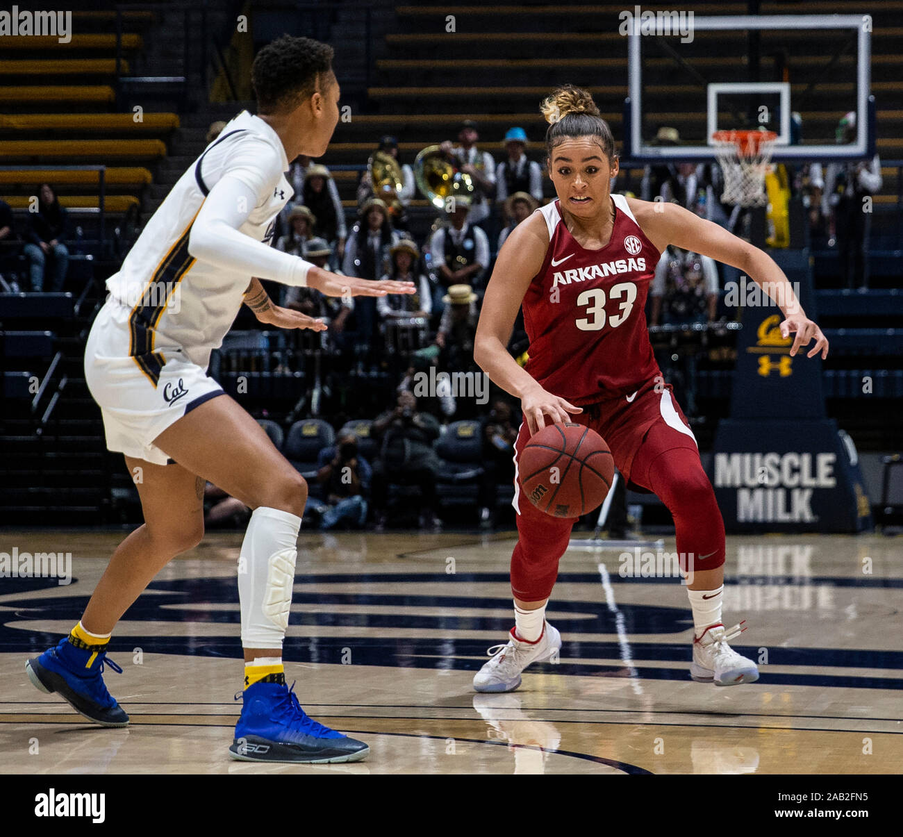 Hass Pavilion Berkeley Calif Usa 24th Nov 2019 Ca U S A Arkansas Guard Chelsea Dungee 33 Brings The Ball Up Court During The Ncaa Women S Basketball Game Between Arkansas Razorbacks And The California