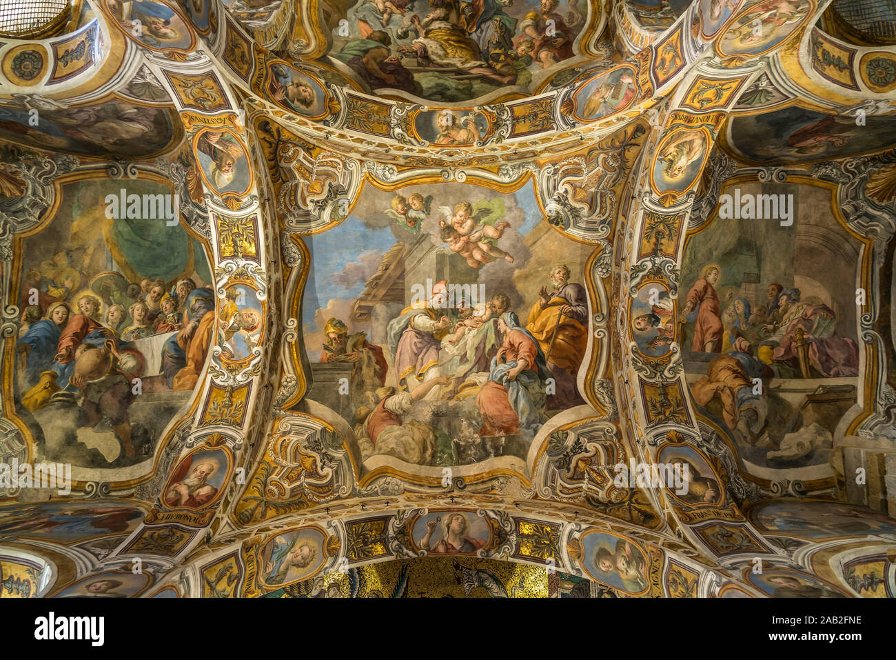 Fresken an der Decke der Kirche Santa Maria dell’Ammiraglio, Palermo, Sizilien, Italien, Europa  |  church Santa Maria dell’Ammiraglio ceiling frescoe Stock Photo