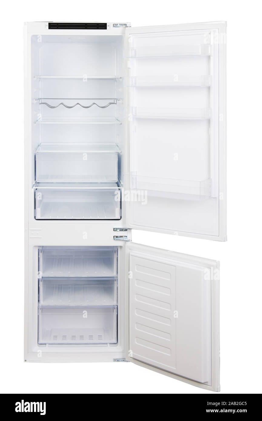 Open white refrigerator with freezer isolated for build in furniture Stock Photo