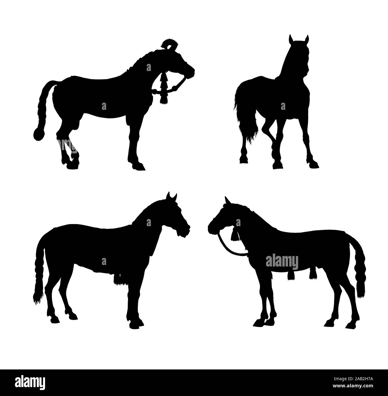 Military horses of ancient Persians and Assyrians. Armored horses silhouette set. Historical illustration. Stock Photo