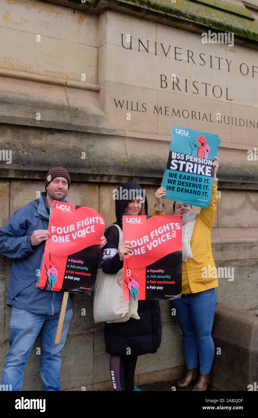Bristol, UK, 25th November 2019. University lecturers have commenced a series of strikes protesting changes to their Pension Scheme. The University and College Union (UCU) lecturer strike was supported by students and other local groups. The picket outside the Wills building. Credit: Mr Standfast/Alamy Live News Stock Photo