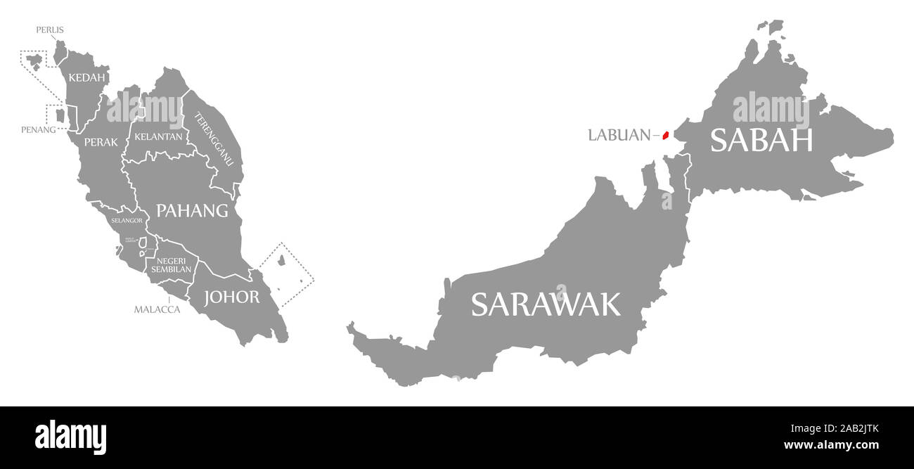 Labuan red highlighted in map of Malaysia Stock Photo