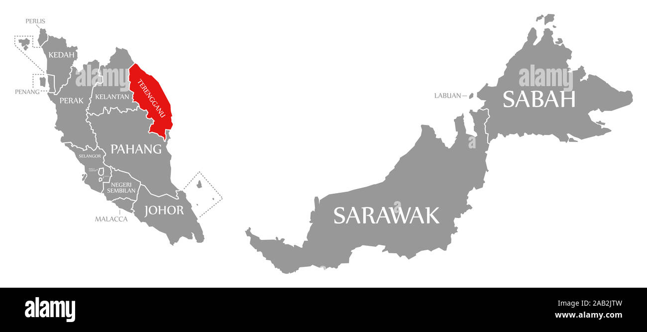 Terengganu Red Highlighted In Map Of Malaysia 2AB2JTW 