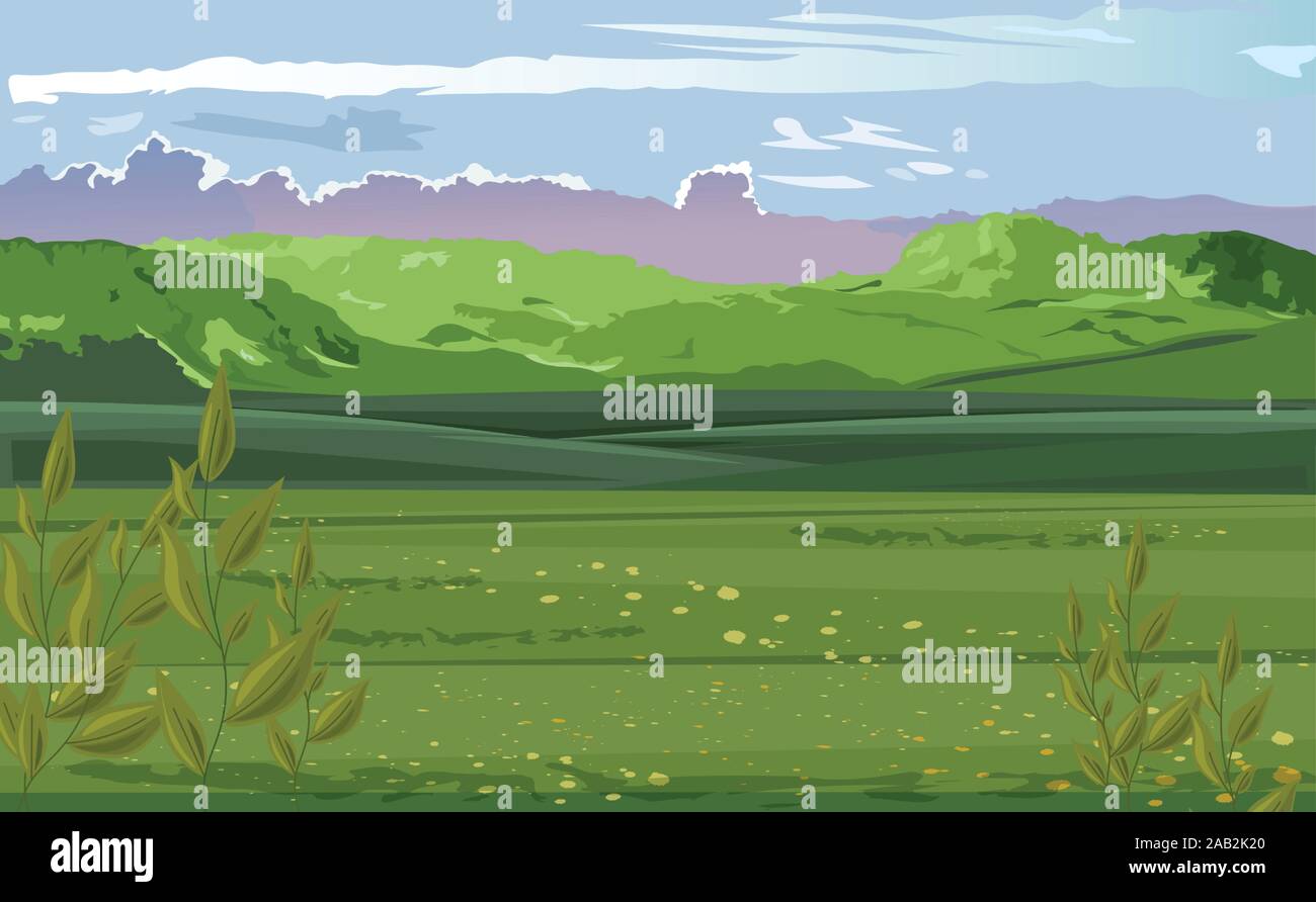 Pastoral scenery of green field with tea leaves on foreground. Mountains and cloudy sky. Vector Stock Vector