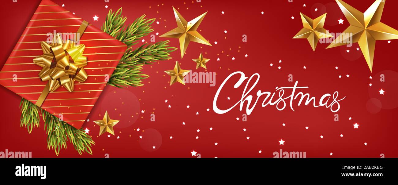Merry christmas banner with golden ribbon gift box, fir tree leaves and ...