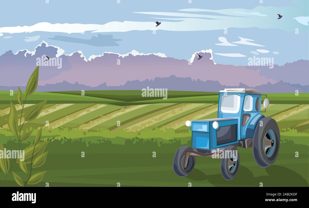 Blue tractor in the green field at daylight. Cloudy sky and birds flying. Agricultural vector Stock Vector