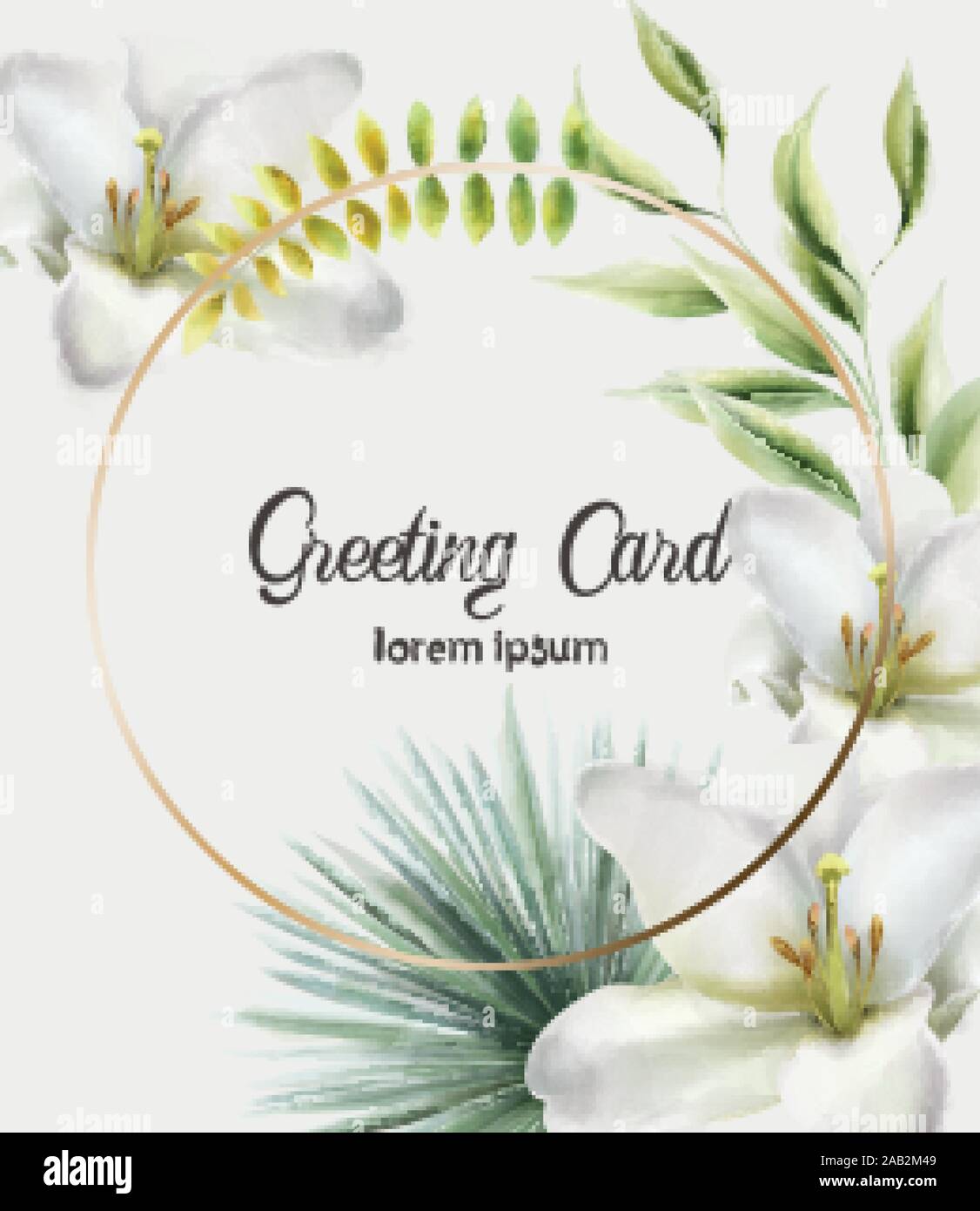 Golden wreath greeting card with green leaves, lily flowers and palm ...