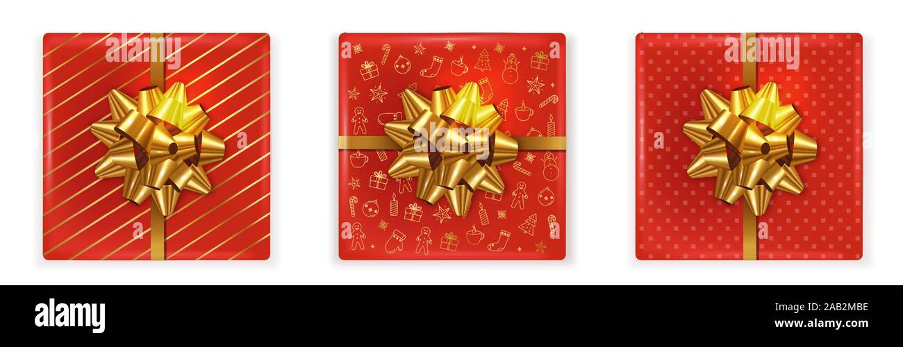 Top view of christmas red gift boxes with golden ribbon. Decorations on ...