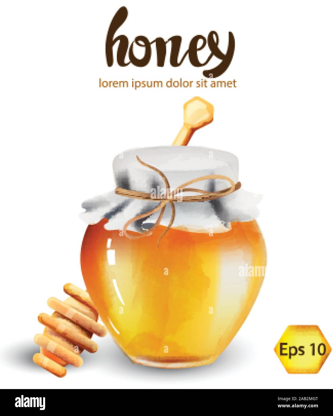 Glass jar with honey and wood stick. Place for text. Watercolor vector Stock Vector