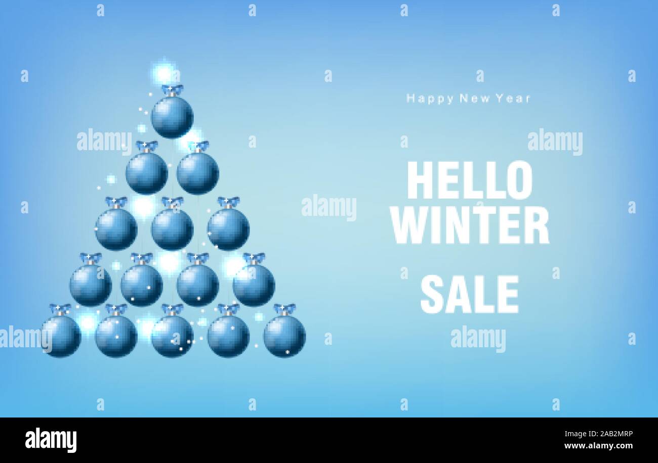 Winter sale banner with blue baubles in pyramid shape. Ribbon and colorful bokeh lights. Blue background. Christmas Vector Stock Vector