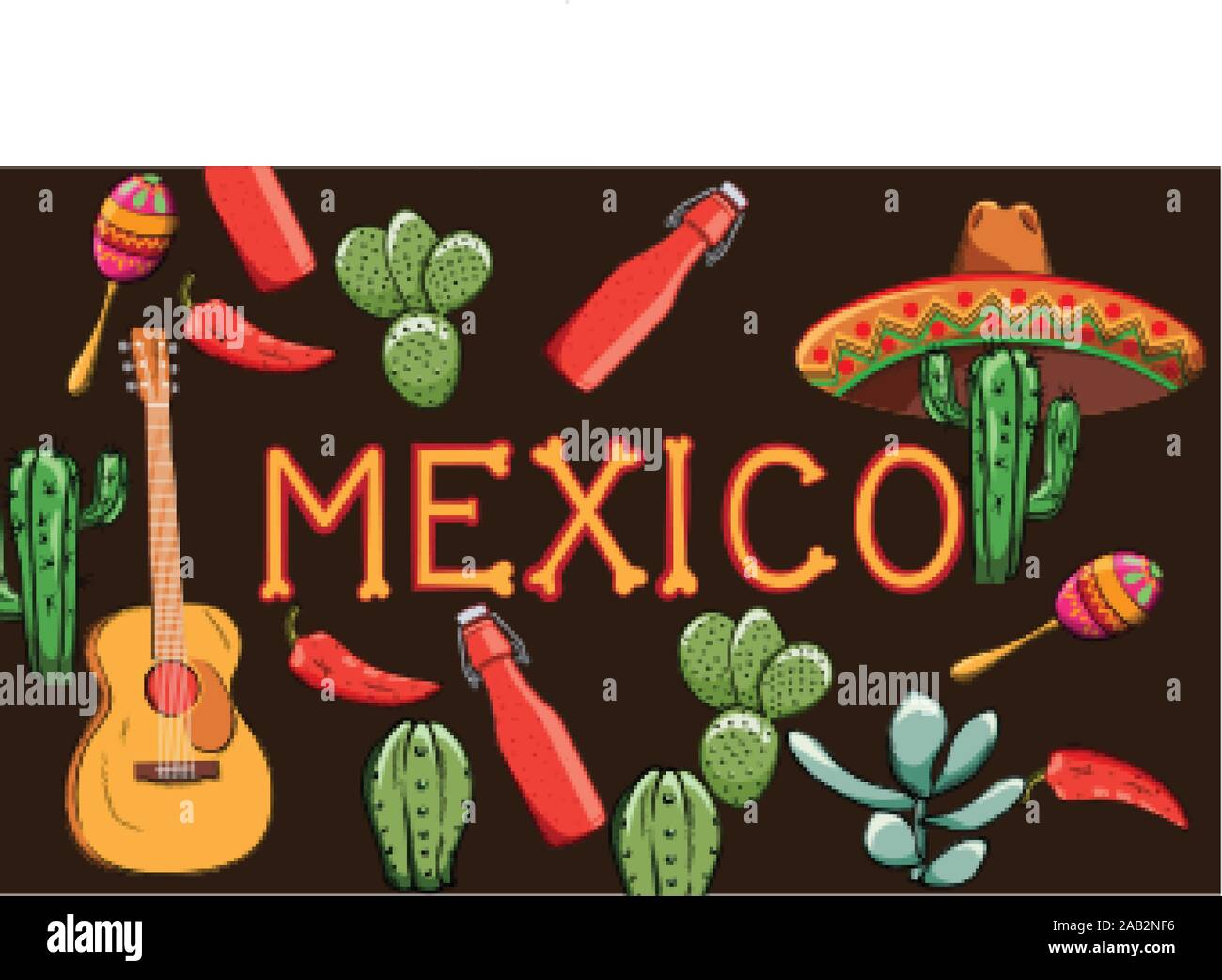 Mexico Banner With Region Oriented Decorations Guitar Cactus
