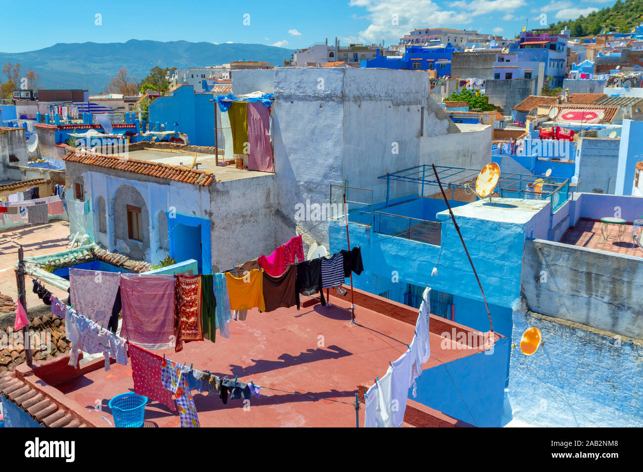 Roofs of the blue city of Chefchaouen in Morocco Stock Photo